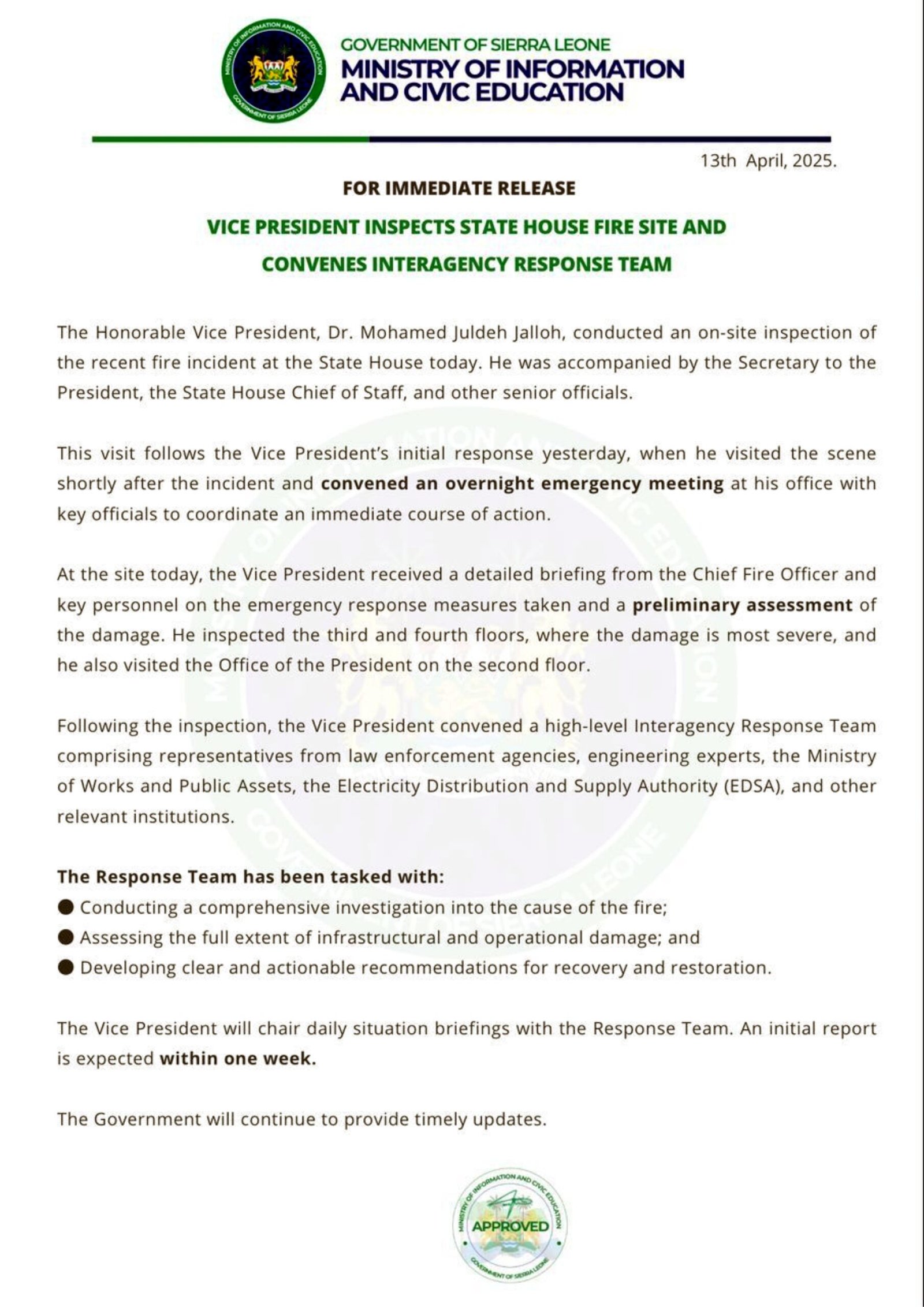 As He Convenes Interagency Response Team…VP Juldeh Jalloh…