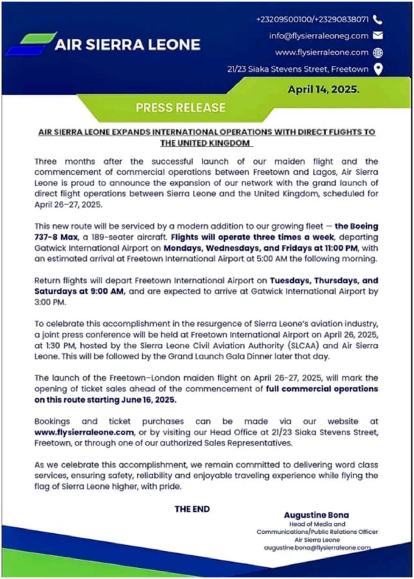 Air Sierra Leone Announces Direct Flights From Freetown…