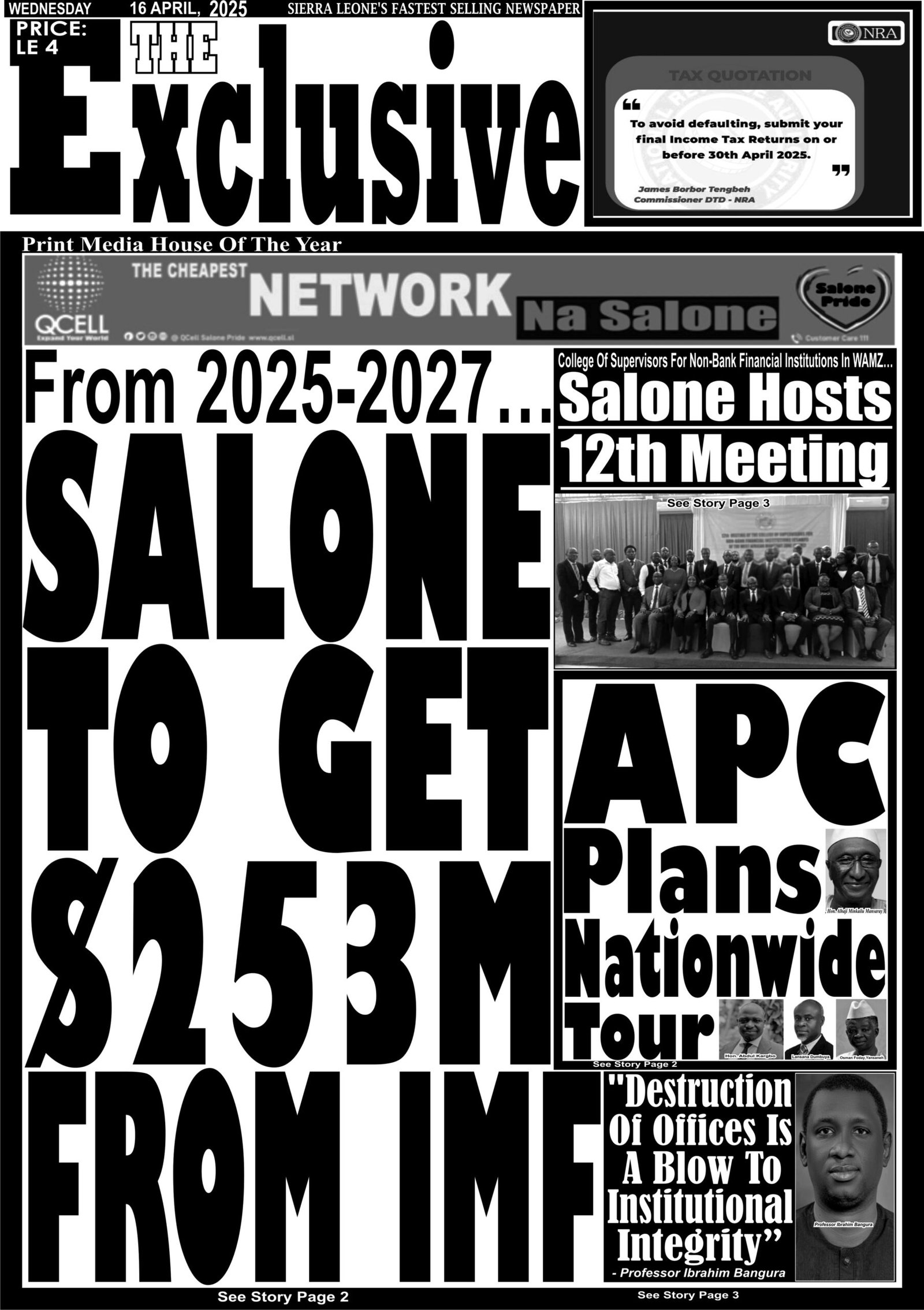 FRONT PAGE: From 2025-2027… Salone To Get $253M…