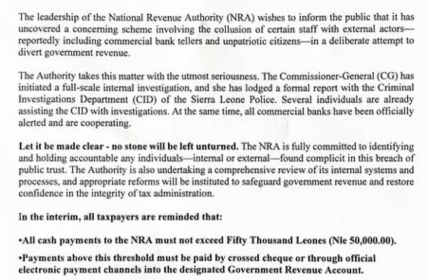 NRA LAUNCHES INVESTIGATION INTO AN ATTEMPTED REVENUE DIVERSION